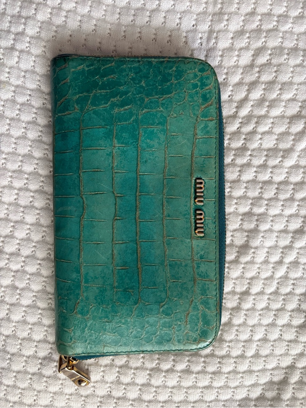 Miu Miu Teal Croc-Embossed Zip Around Wallet with Gold Hardware